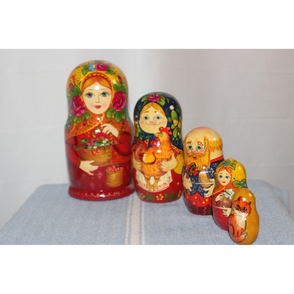 Russian Nesting Dolls Matryoshka Set 5pc Country Folk Art Hand Painted Red 6.5"